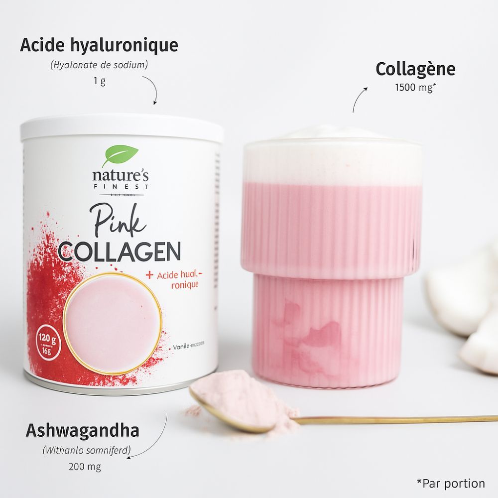 Boîte Nature's Finest Pink Collagen, verre avec boisson rose, cuillère avec poudre. Texte : Acide hyaluronique, collagène, ashwagandha.