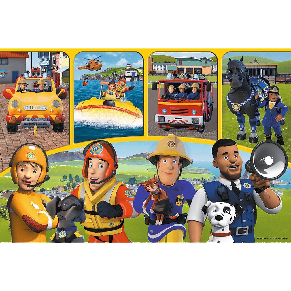 Puzzle avec des motifs de pompiers. Plusieurs personnages et véhicules sont représentés. Le fond est un paysage.