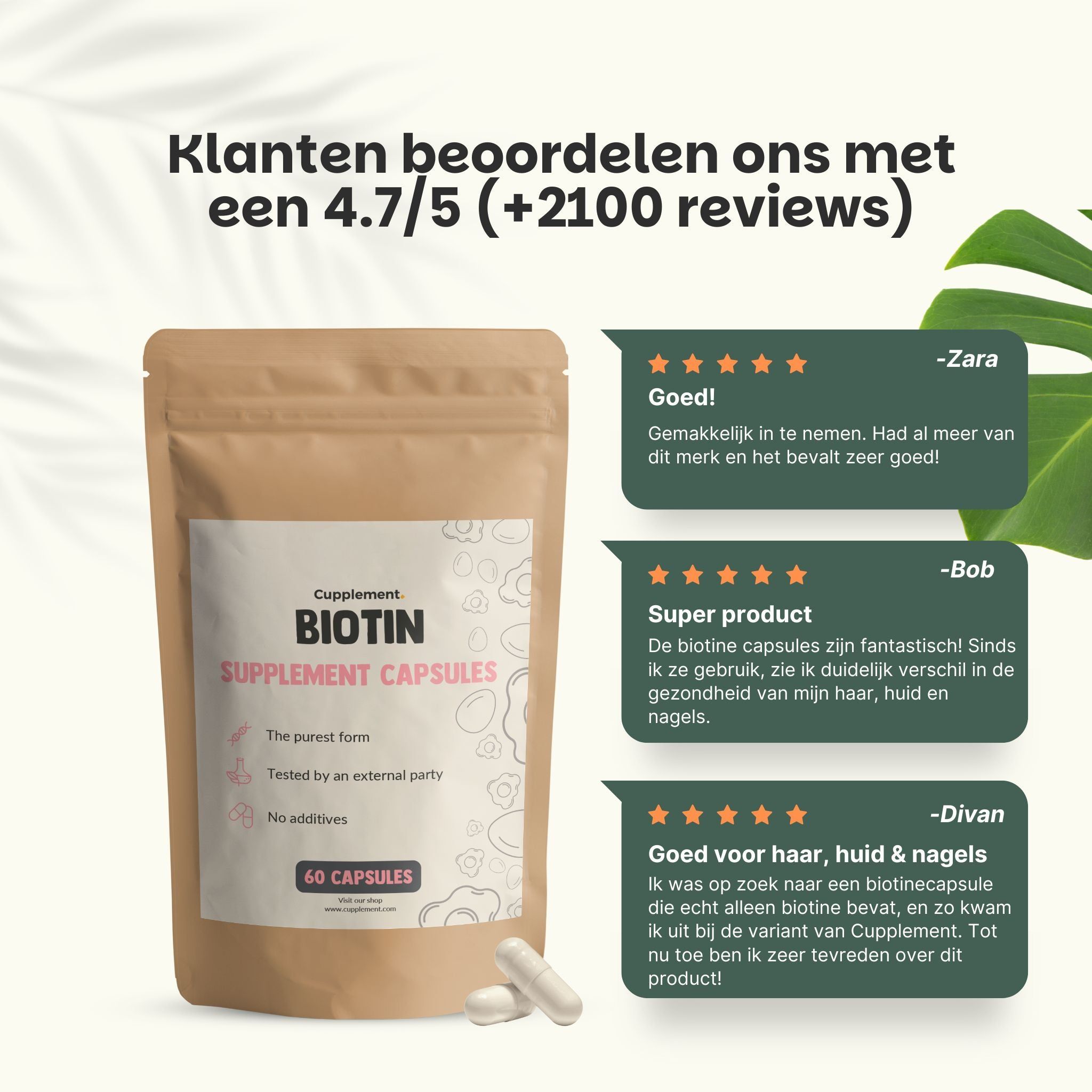 Zakje met biotine capsules. Tekst: Cupplement, Biotin, 60 capsules. Klantbeoordelingen: 4.7/5. Citaten van klanten.