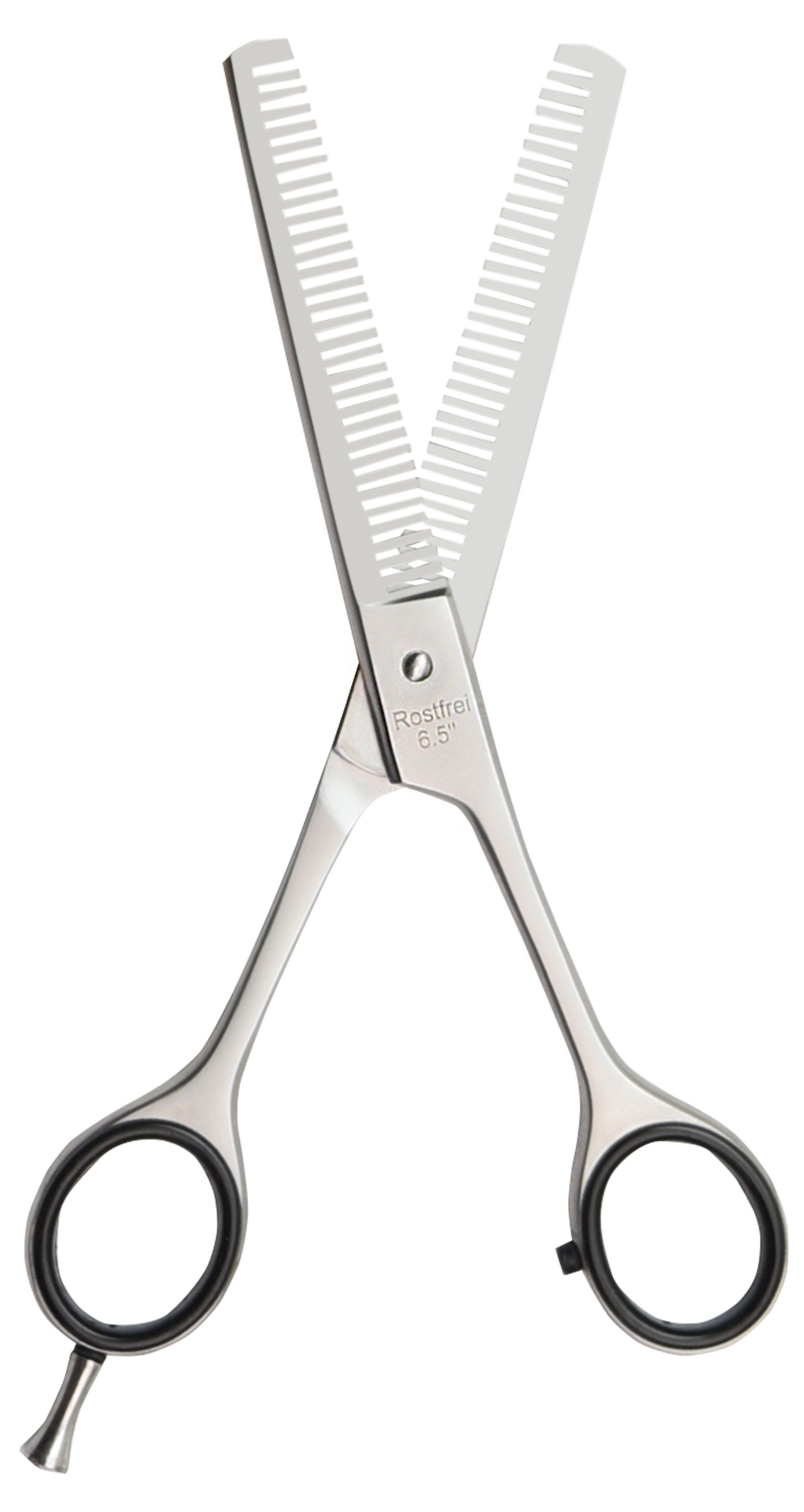Open effileerschaar, dubbelzijdig getand. Metaal, zwarte ringen. Opschrift "Rostfrei 6.5".