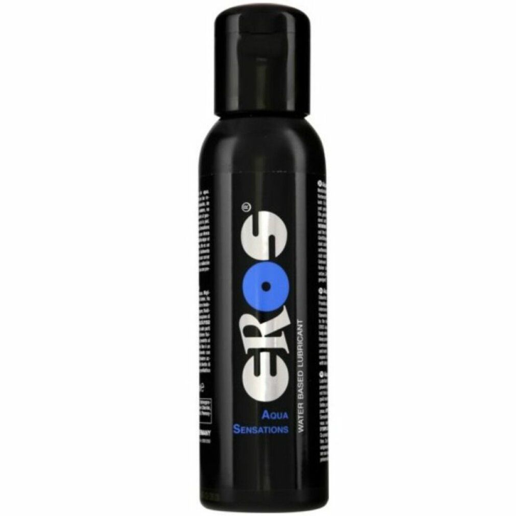 Eros Aqua Sensations glijmiddel op waterbasis in een zwarte fles met fliptopdeksel.