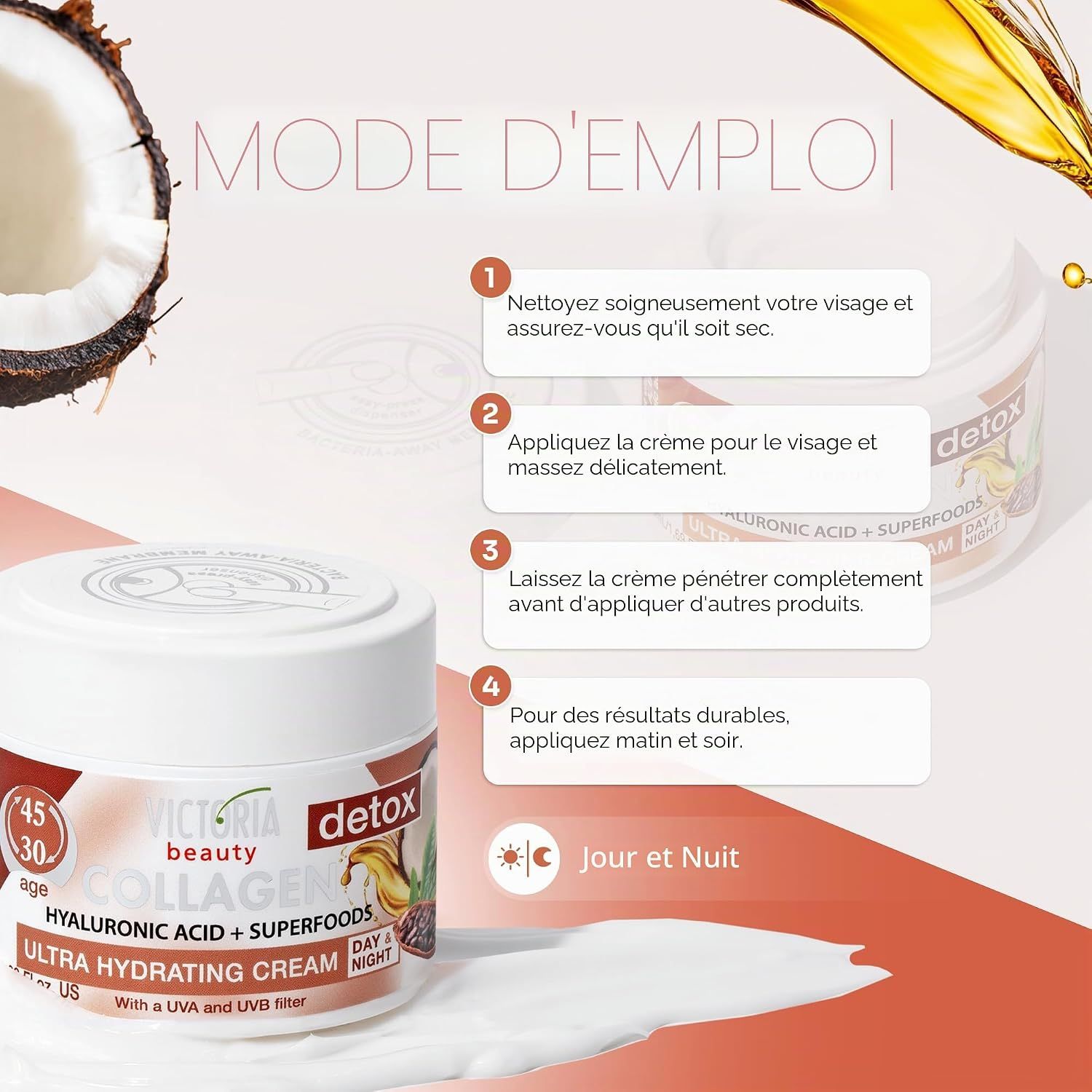 Pot de crème au collagène Victoria Beauty avec icônes de pureté et de protection des animaux.