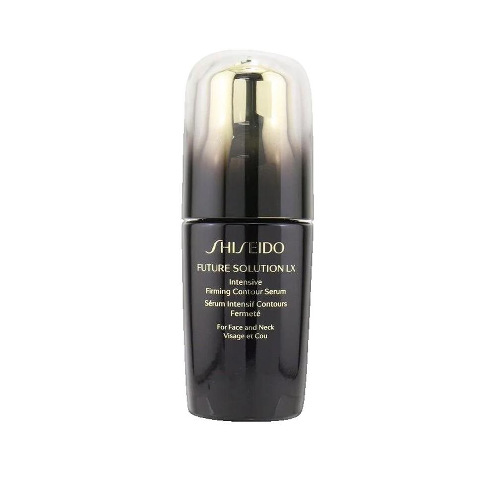 Zwarte fles met gouden dop. Tekst: Shiseido Future Solution LX, Intensive Firming Contour Serum.