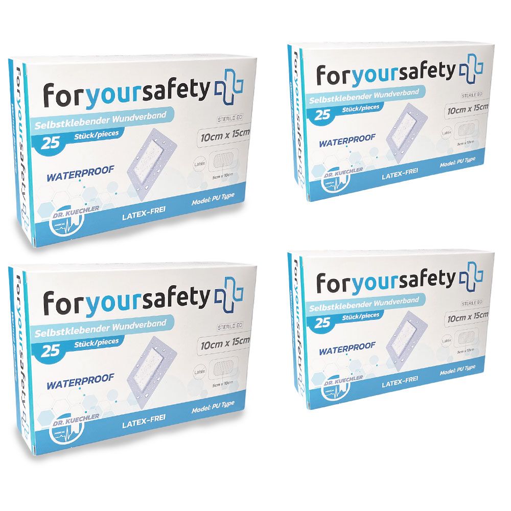 Vier verpakkingen pleisters. Verpakking met productinformatie: 25 stuks, 10x15cm, waterdicht, latexvrij.