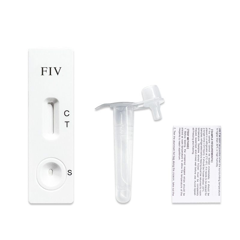 Test de diagnostic FIV pour chats. Comprend une bandelette, un tube et une notice. Marqueurs C, T et S sur la bande.