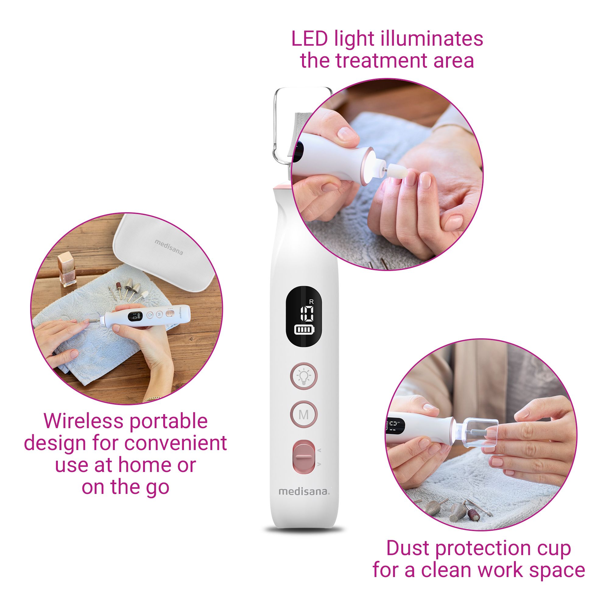 Appareil de manucure/pédicure en cours d'utilisation. Trois vues : application, lumière LED, protection contre la poussière.