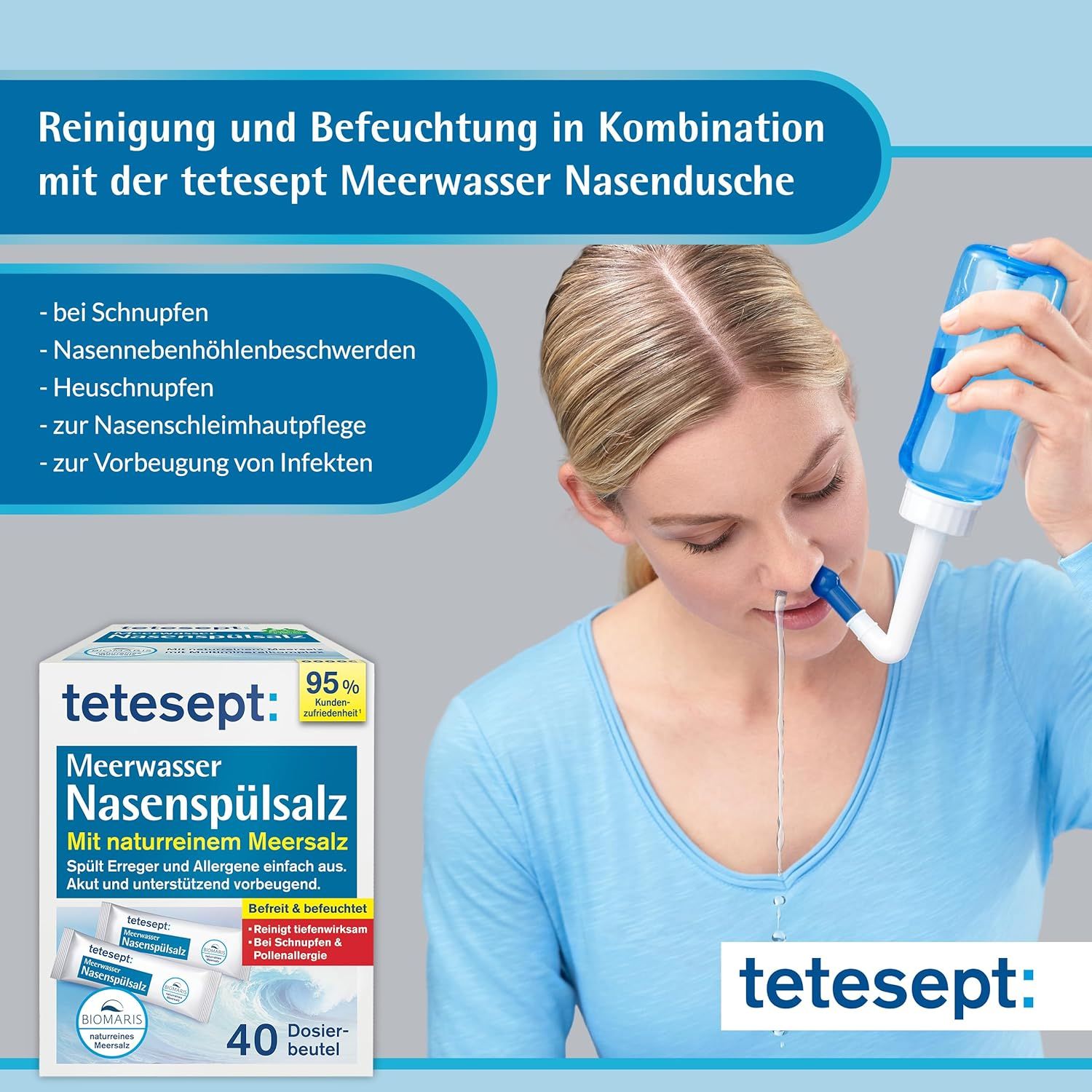 Femme utilisant une douche nasale. À côté: emballage de tetesept Meerwasser Nasenspülsalz. Contient 40 sachets. Texte: Avec du sel marin naturel.