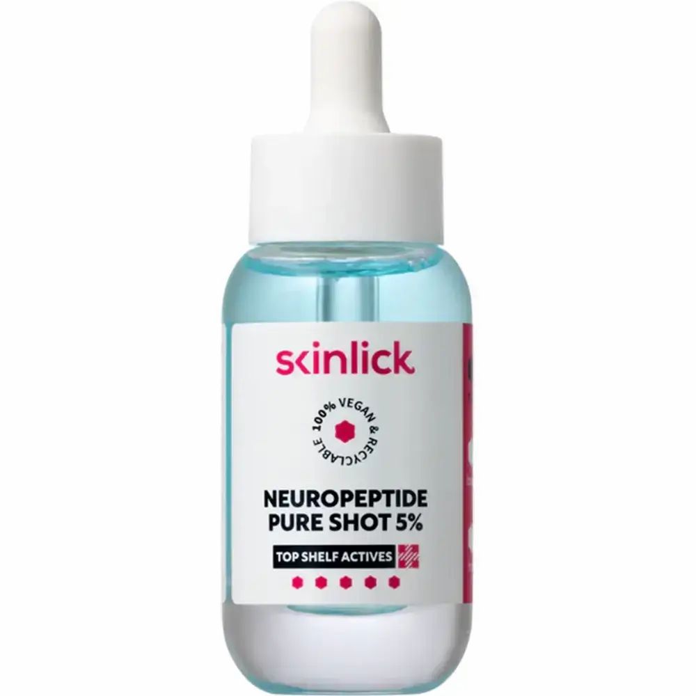 Flacon de sérum avec pipette. Inscription Skinlick, Neuropeptide Pure Shot 5%. Vegan et recyclable.