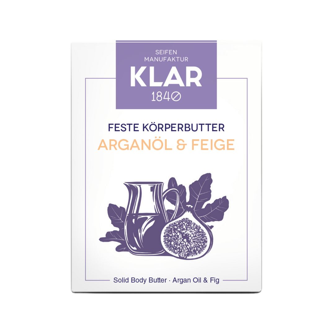 Verpakking van de vaste body butter. Witte doos met paarse accenten en productnaam: Arganolie & Vijg. Illustratie van vijg en kan.