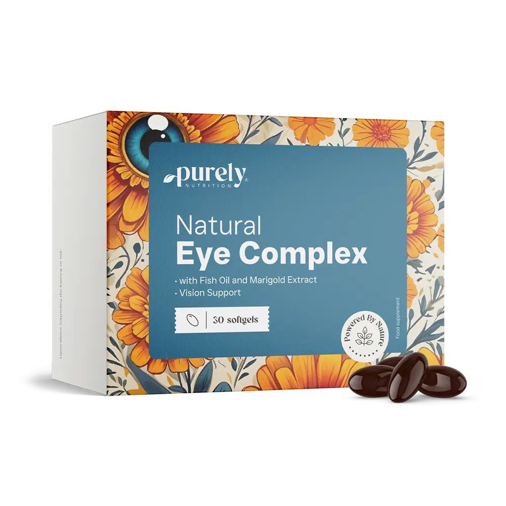 Boîte de Purely Natural Eye Complex avec 30 gélules molles et trois gélules à côté.