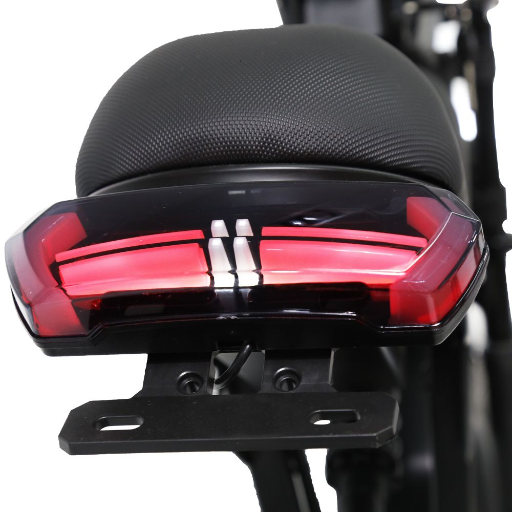 Achterlicht en zadel van de elektrische mountainbike. Zwarte behuizing, rode lichten, zwart zadel.