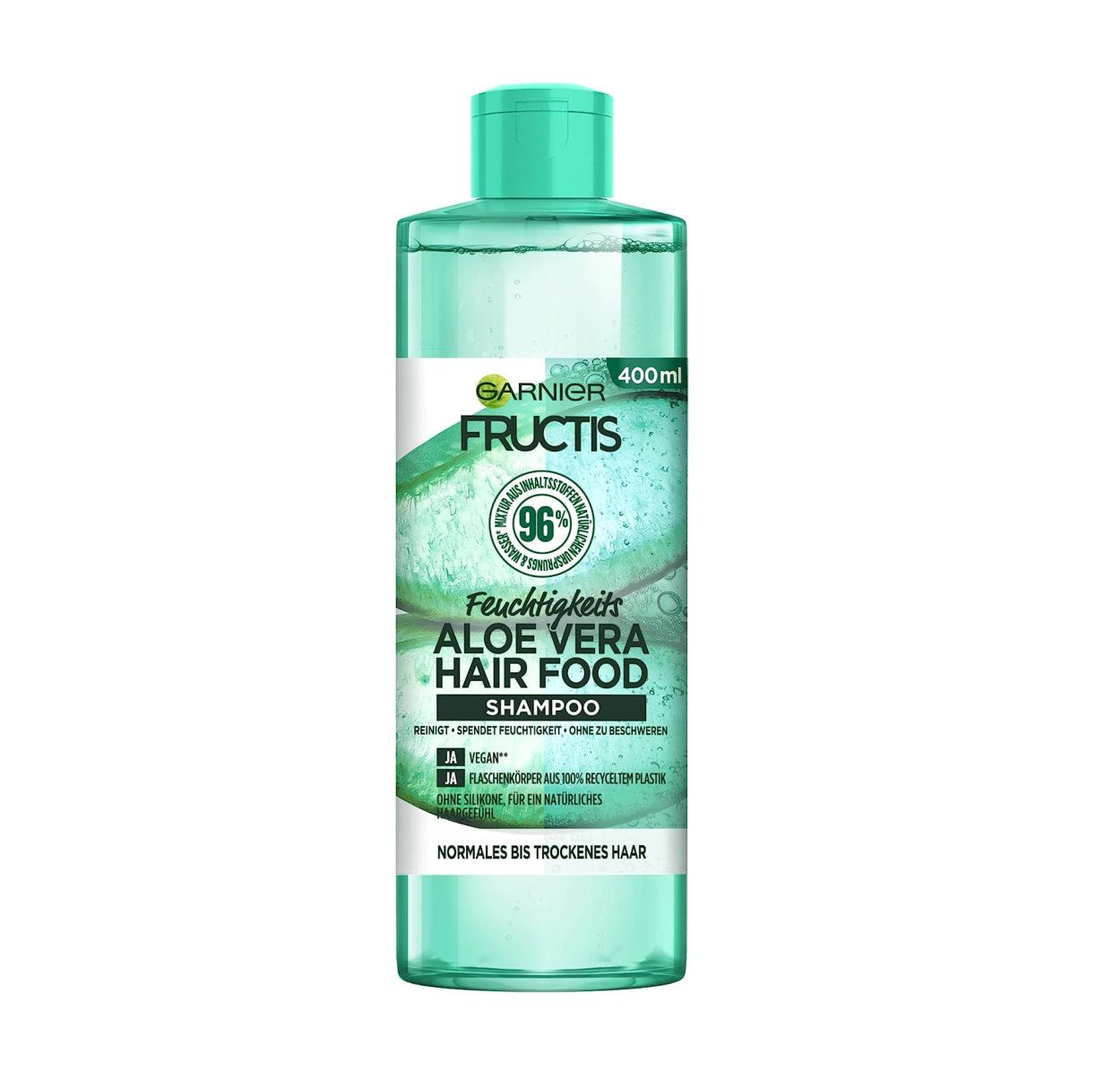 Shampoo Garnier Fructis, Aloe Vera Hair Food, flacon 400ml. Pour cheveux normaux à secs. Formule vegan.