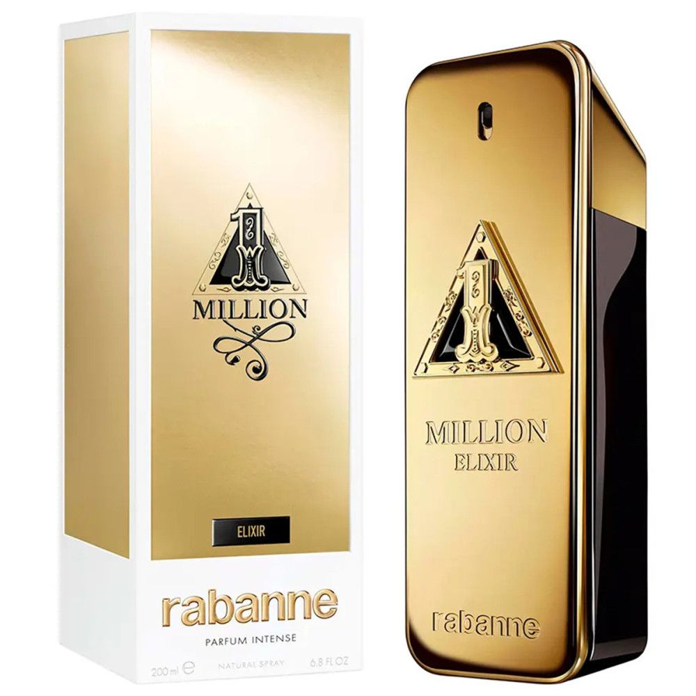Goudkleurige flacon en verpakking. Opschrift "Million Elixir" en "rabanne".