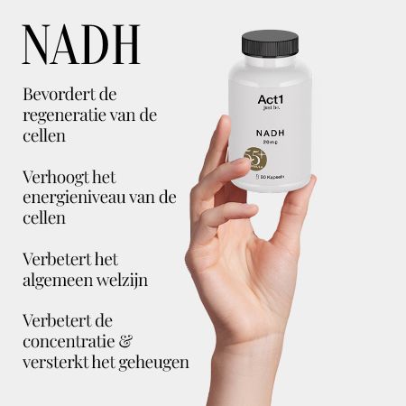 Hand houdt een NADH fles. Tekst: Bevordert celregeneratie, verhoogt energie, verbetert welzijn, verbetert concentratie.