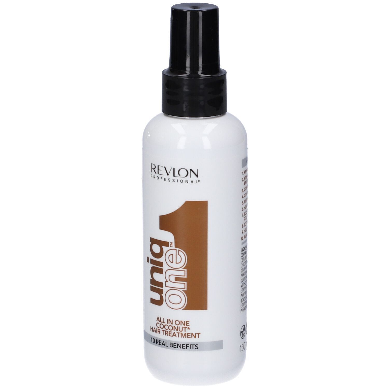 Flacon de spray capillaire blanc, bouchon noir. Texte: Revlon, Uniq One, All in One Coconut Hair Treatment.