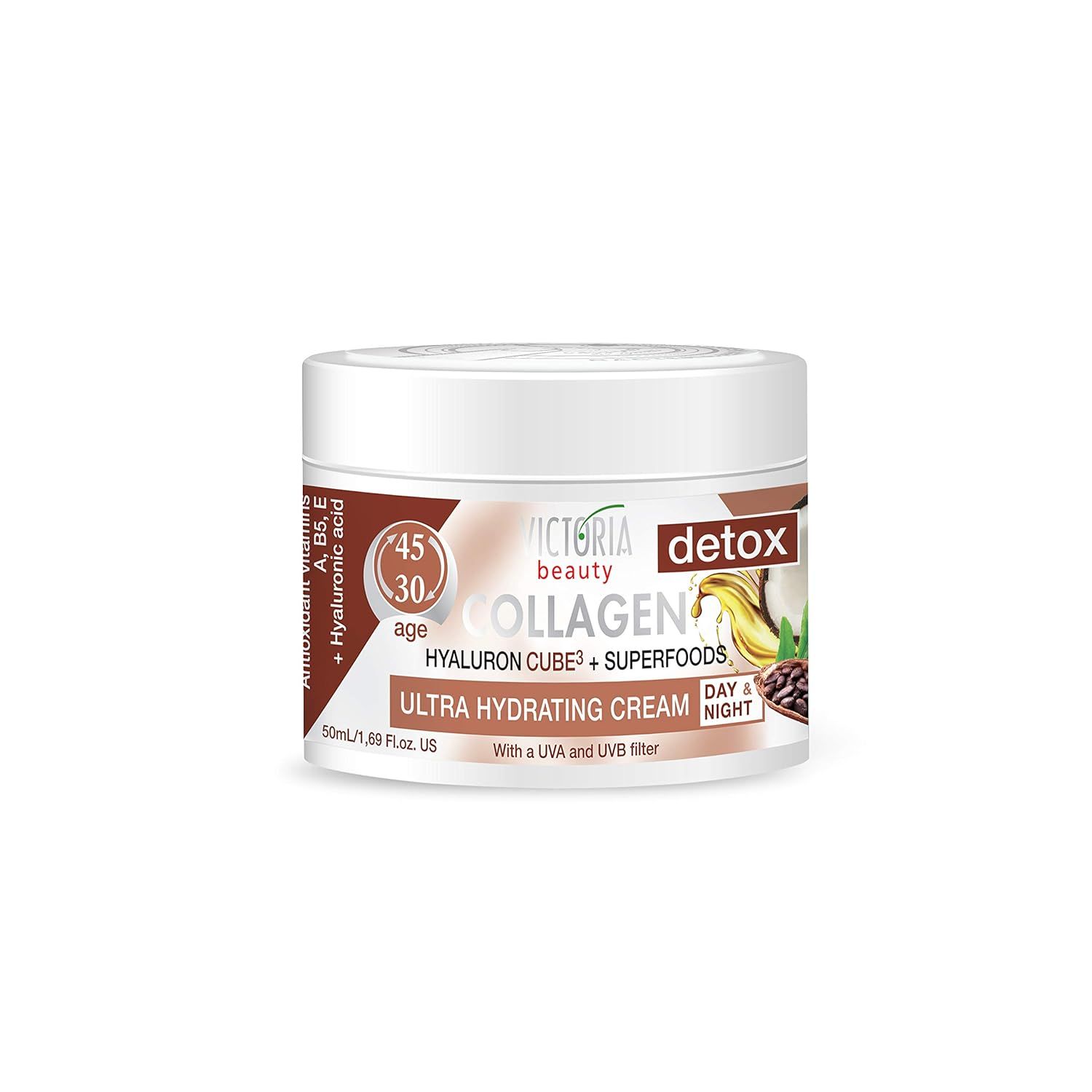 Victoria Beauty Collageen Ultra Hydrating Cream pot met ingrediënten.