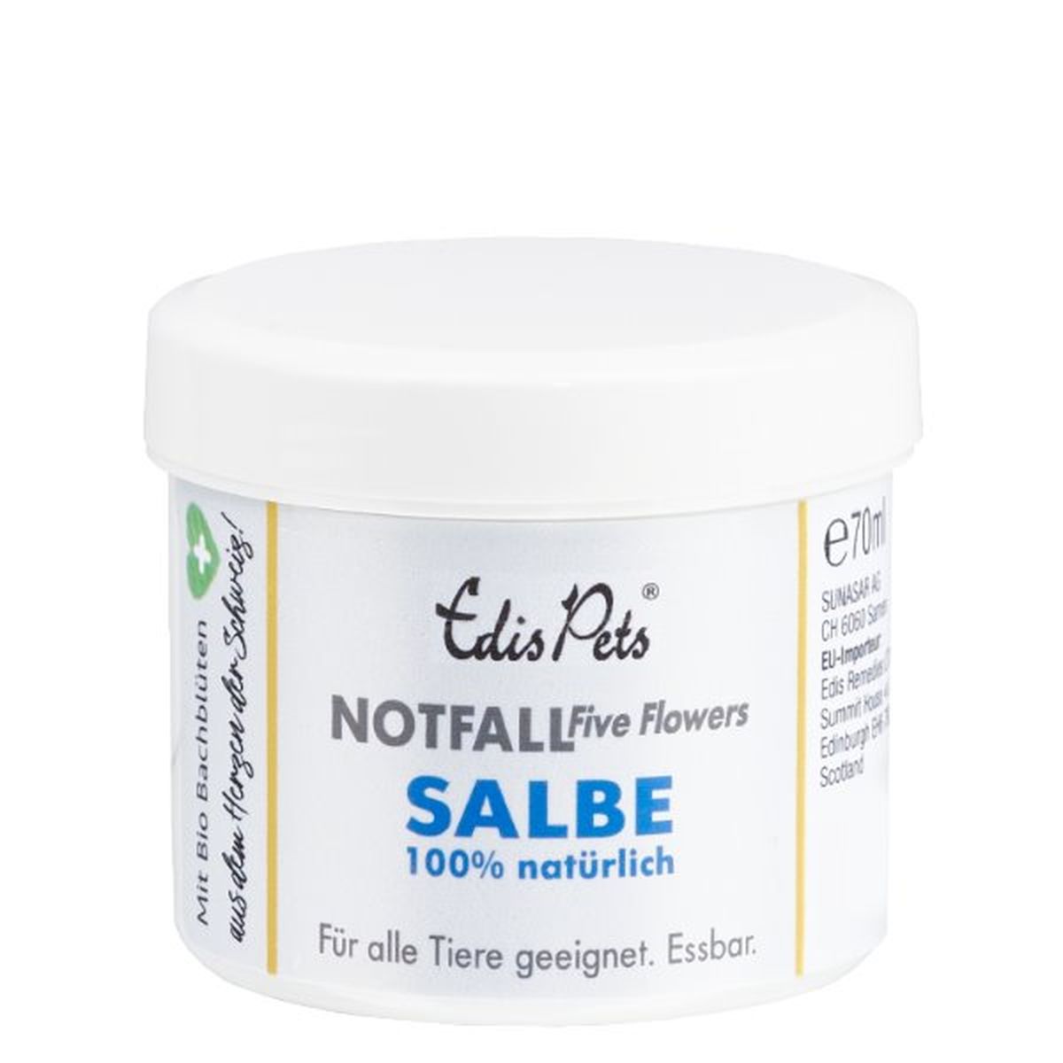 Pot blanc avec couvercle. Inscription: Edis Pets Notfall Salbe, 100% naturel. Convient aux animaux. Avec fleurs de Bach bio.