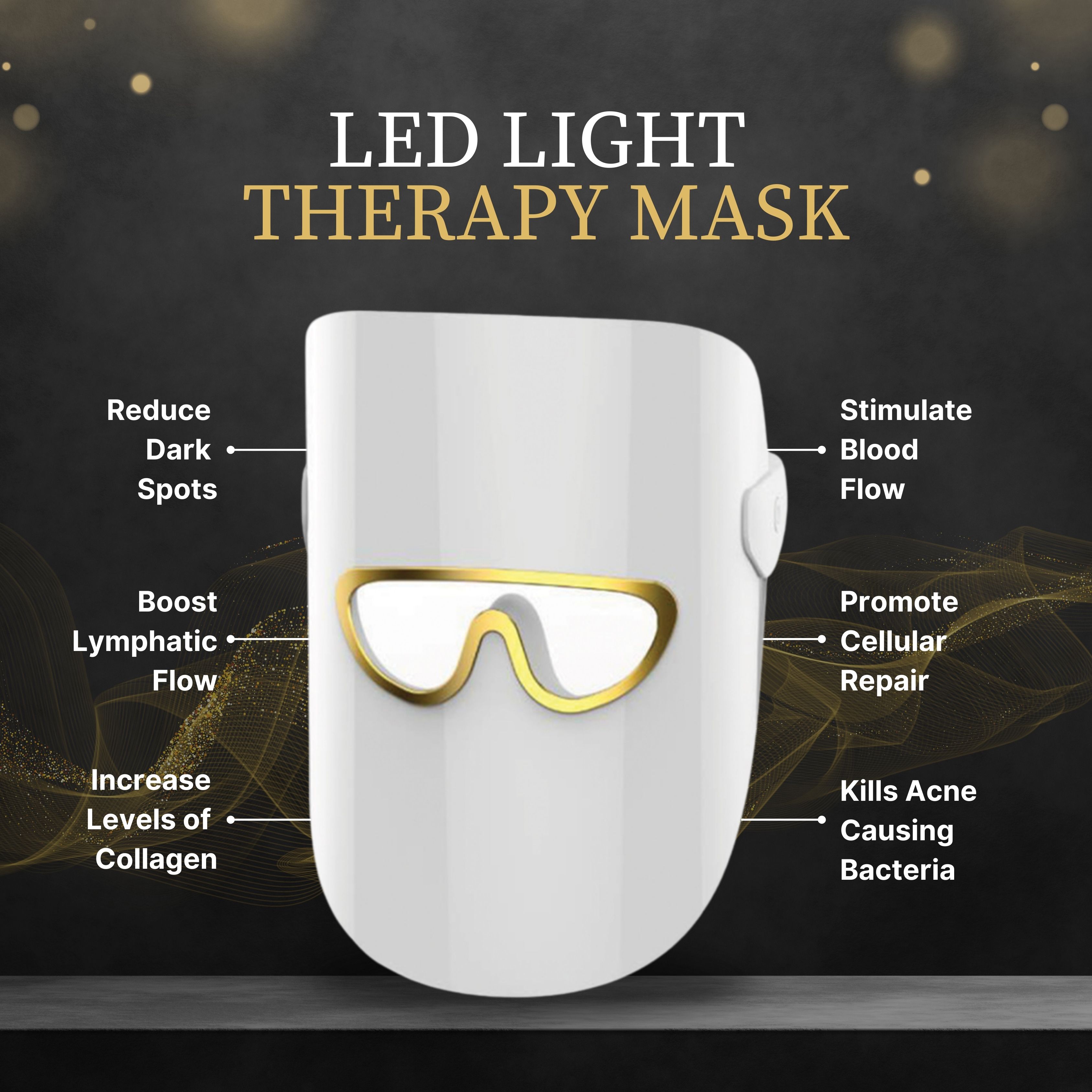 Wit LED-lichttherapiemasker met gouden accenten, met tekst over voordelen zoals 'Vermindert donkere vlekken'.