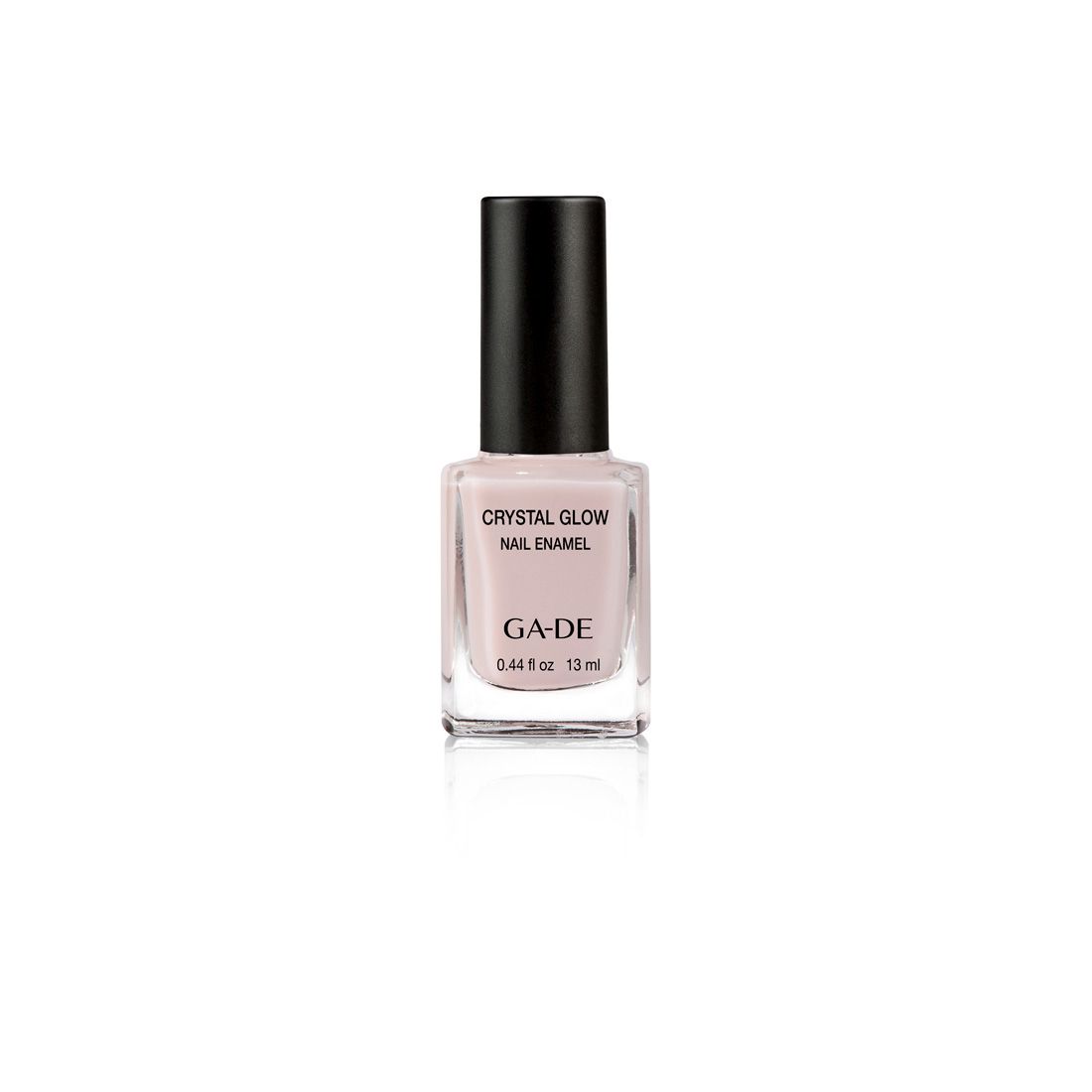 Vernis à ongles Ga-De Crystal Glow. Flacon de vernis rose, bouchon noir. Inscriptions : Crystal Glow, Nail Enamel, GA-DE.