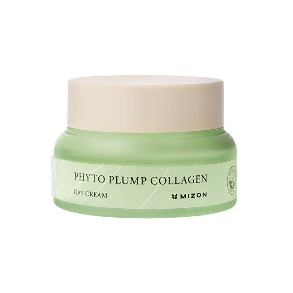 Pot de crème vert avec couvercle beige. Inscription : Phyto Plump Collagen Day Cream, Mizon.