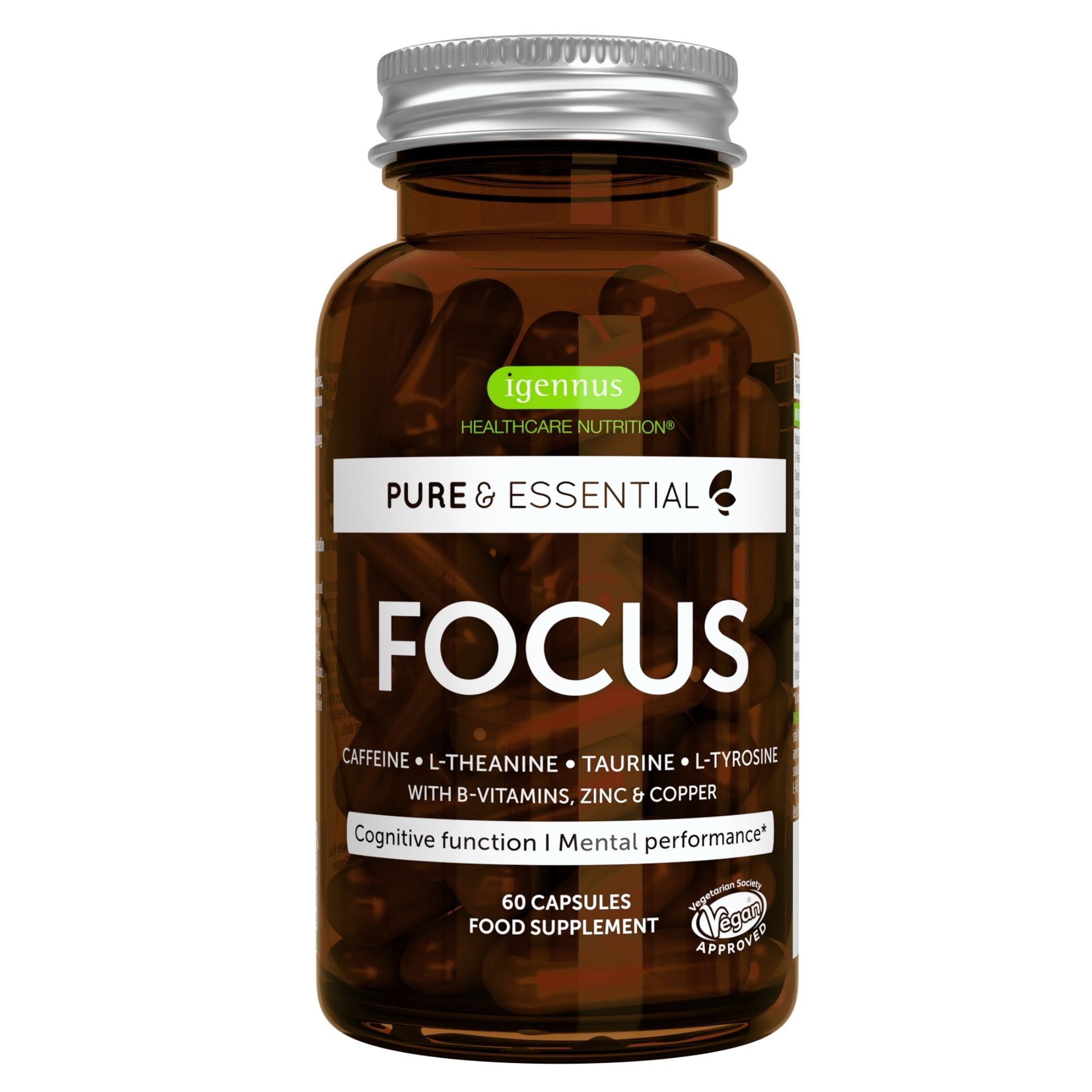 Fles Igennus Focus met cafeïne, L-theanine, taurine, L-tyrosine, B-vitamines, zink, koper.
