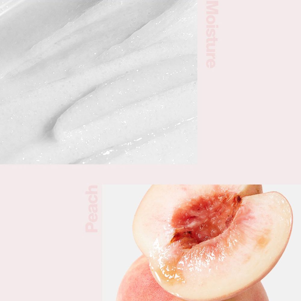 Gros plan de gel blanc et moitiés de pêche. Texte : Humidité, Pêche.