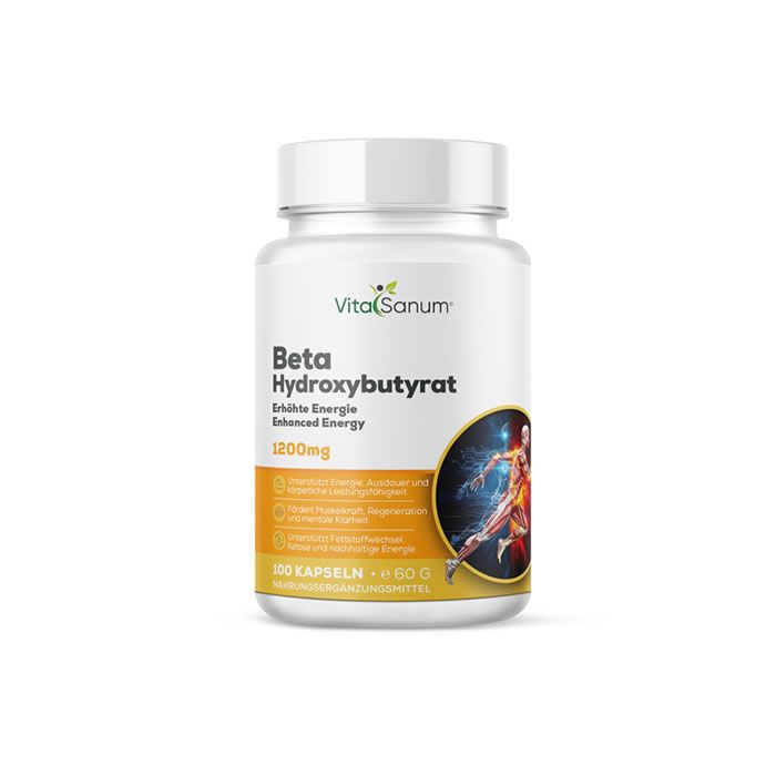 Witte fles VitaSanum Beta-Hydroxybutyrat. Opschrift: 1200mg, 100 capsules. Geel etiket met tekst. Vegan-zegel.