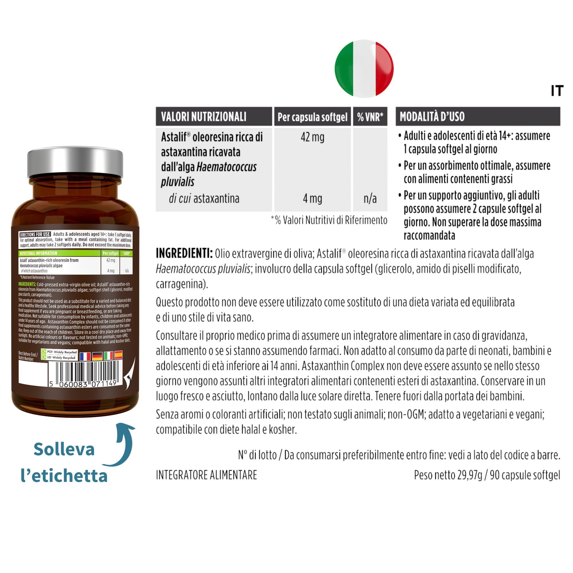 Achterkant van een astaxanthinefles met voedingsinformatie en ingrediënten in het Italiaans.