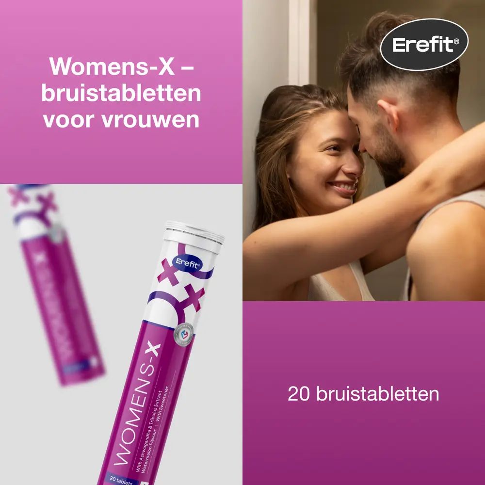 Productverpakking "Erefit Womens-X". Paars, wit en blauw. 20 tabletten. Paar op de achtergrond.