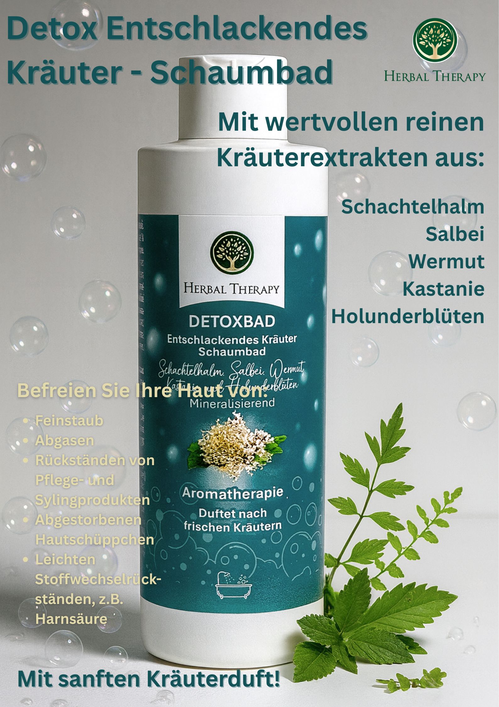 Bouteille verte avec bouchon blanc. Étiquette avec nom du produit, herbes et logo. Texte: Detoxbad, bain moussant aux herbes, aromathérapie. Textes supplémentaires.