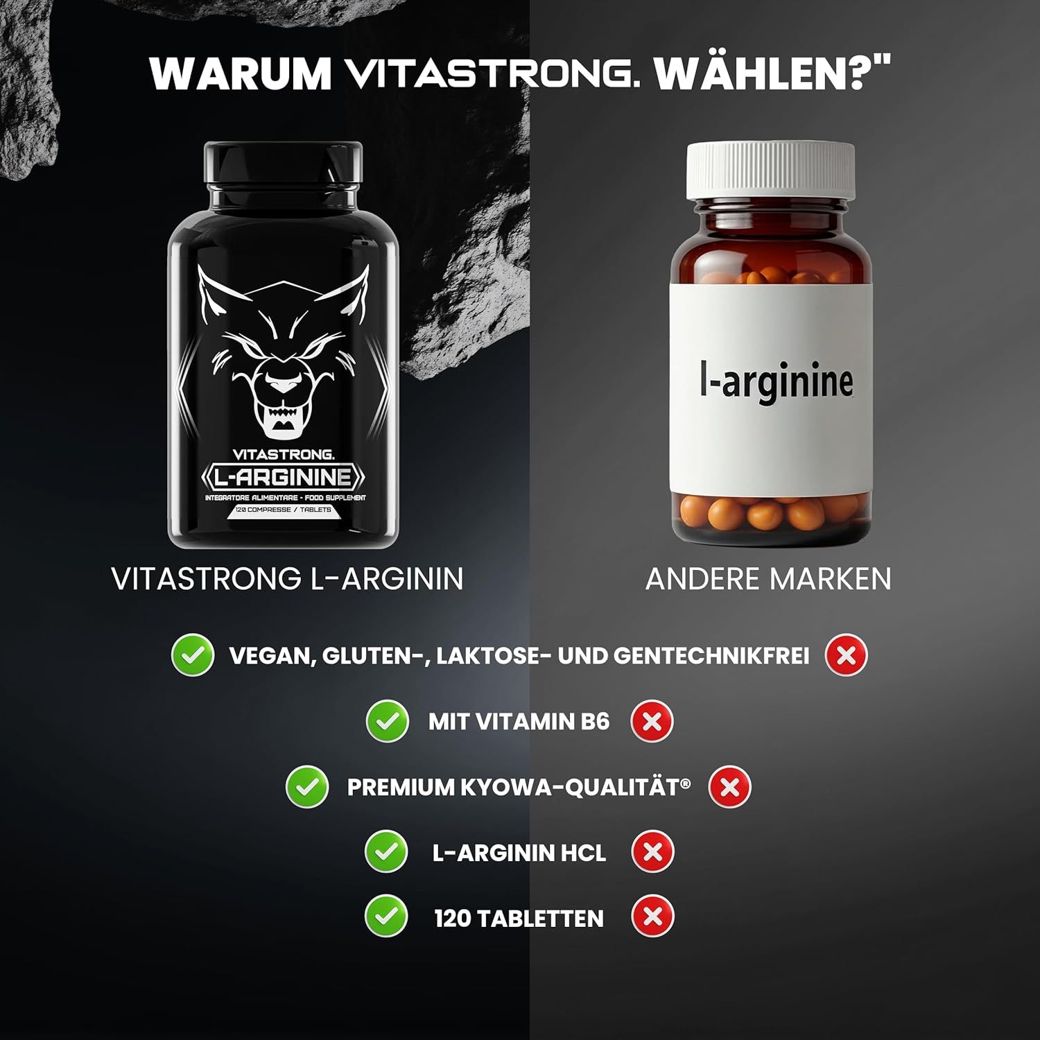 Comparaison de deux flacons. À gauche : "VITASTSTRONG L-ARGININE". À droite : "AUTRES MARQUES". Symboles de coche et de croix.