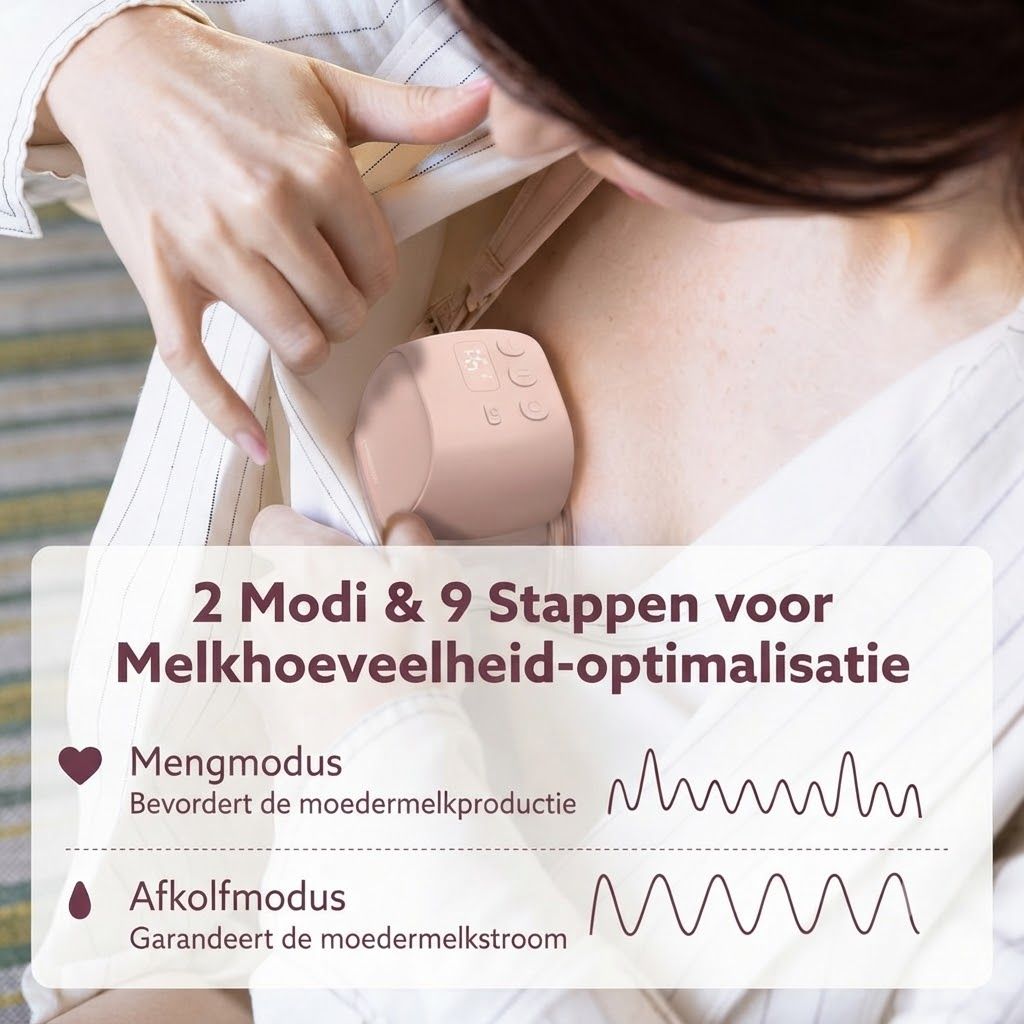 Vrouw gebruikt handsfree borstkolf onder kleding, met weergave van 2 modi en 9 standen.