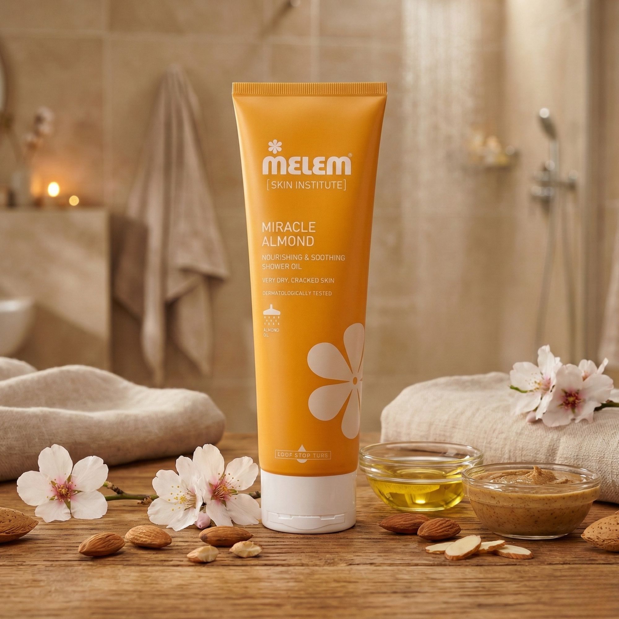 Gele tube Melem, Miracle Almond. Verzorgende en verzachtende doucheolie. Op tafel met amandelen en bloemen.