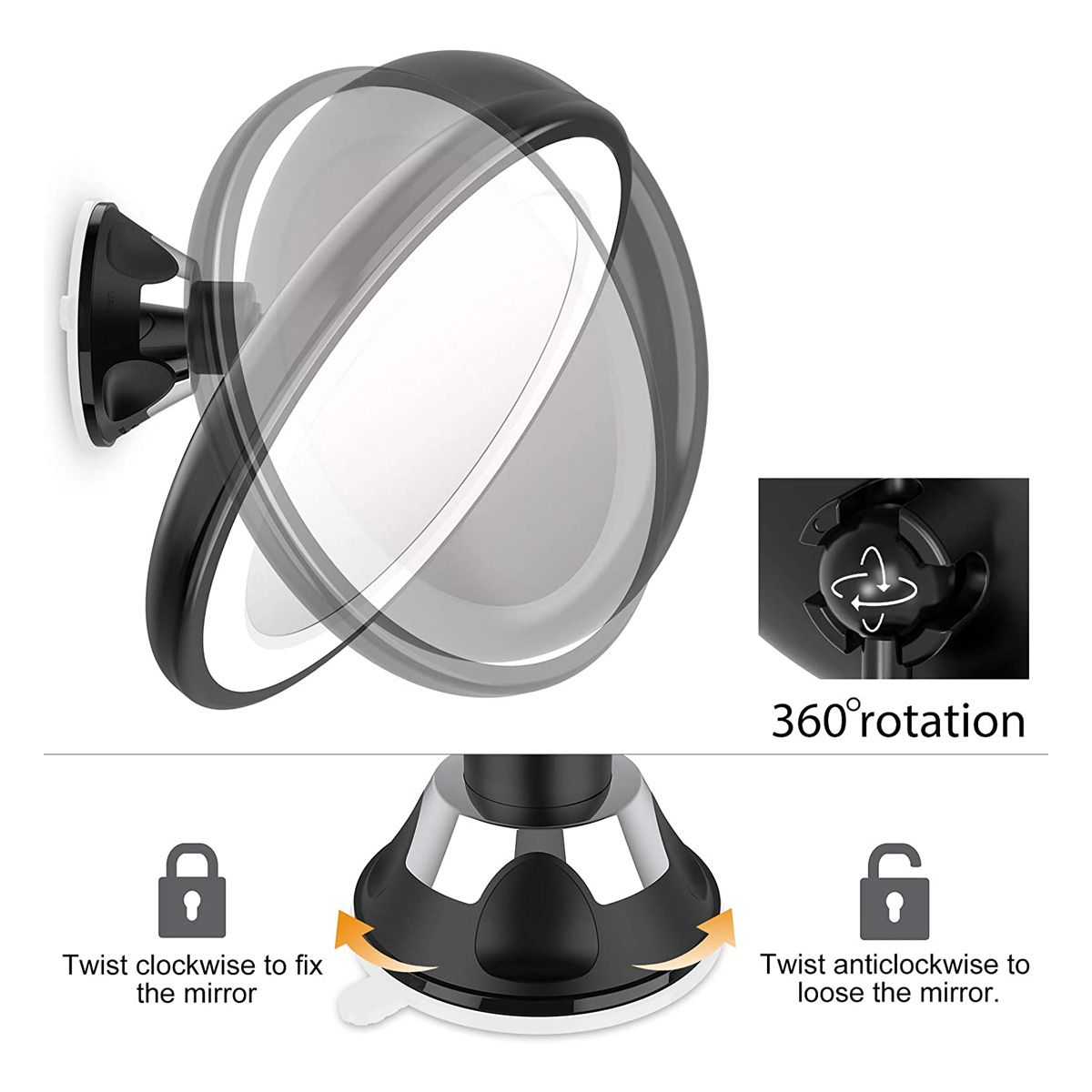 Miroir grossissant avec anneau lumineux LED, rotation 360° et ventouse.