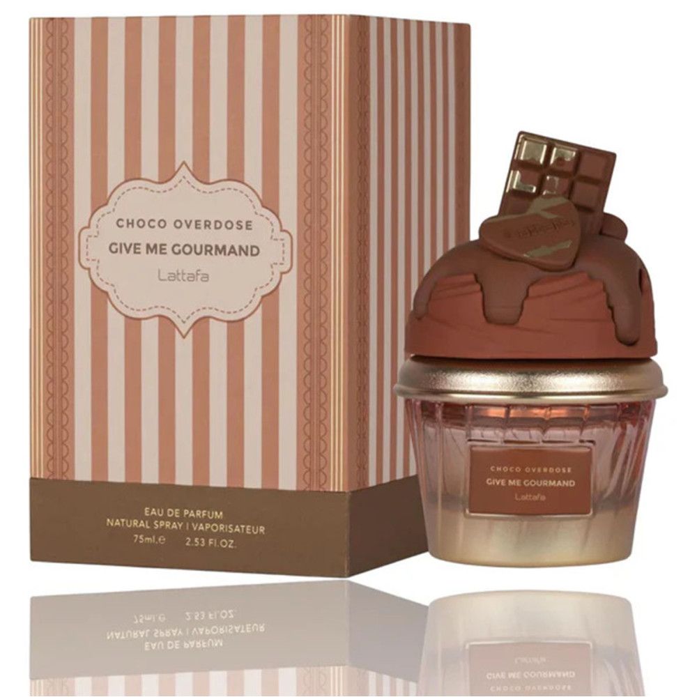 Cupcake parfumfles met verpakking. Bruine chocolade decoratie. Tekst: Choco Overdose, Give Me Gourmand, Lattafa. 75ml.