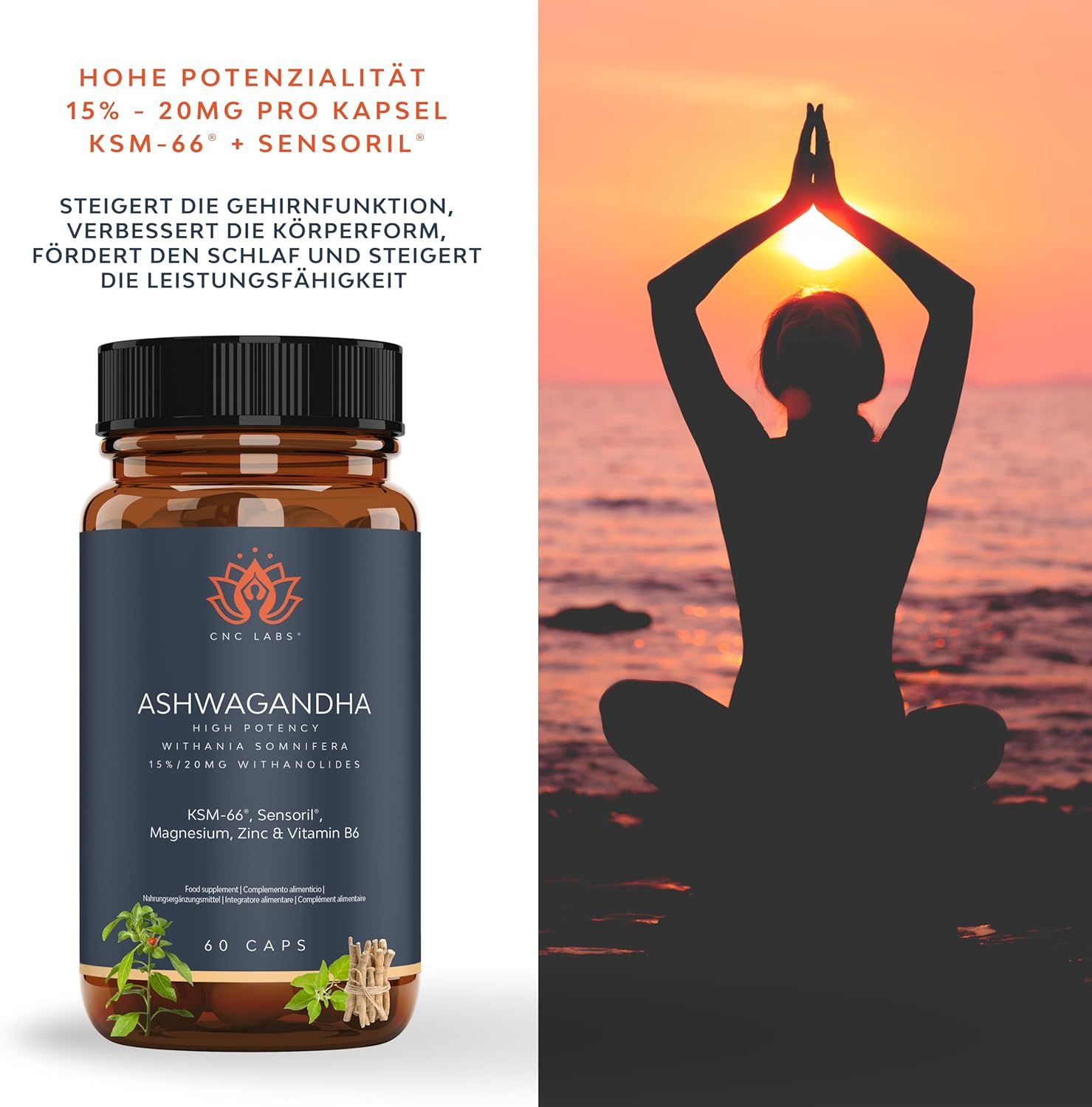 QSTA Ashwagandha KSM-66 capsules naast een silhouet van een persoon in yogahouding bij zonsondergang.