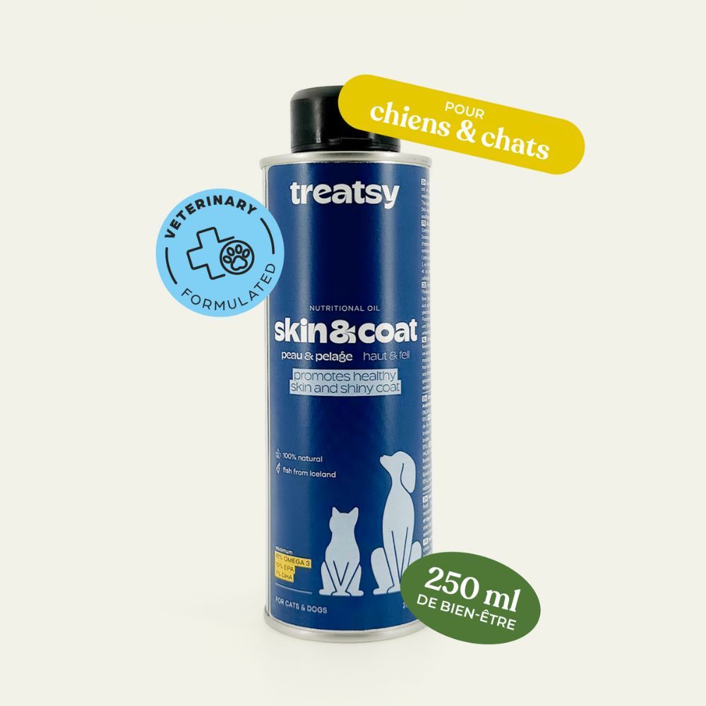 Boîte bleue avec couvercle noir. Texte : Pour chiens & chats. 250 ml. Veterinary Formulated.