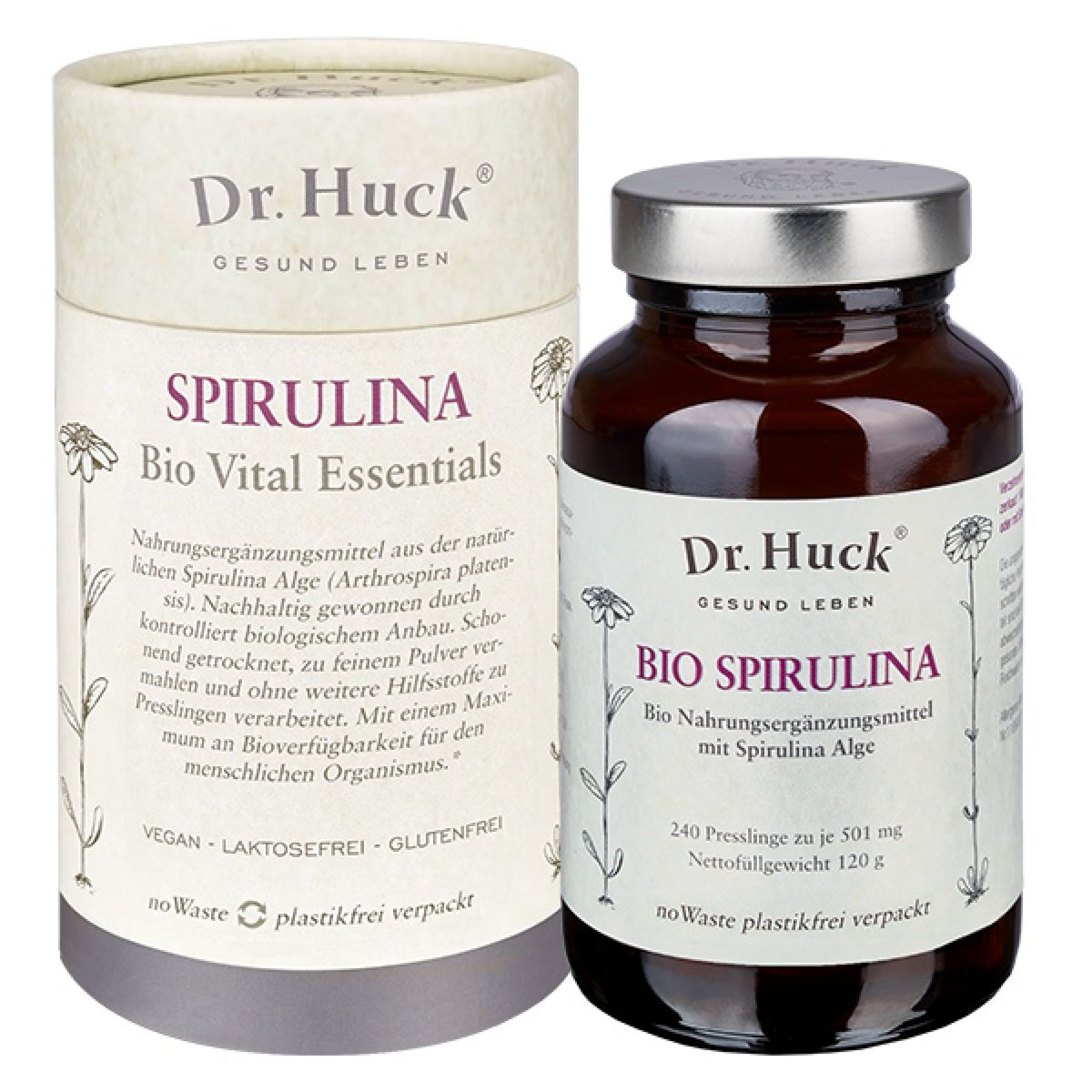 Bruine glazen fles en kartonnen doos. Opschrift: Dr. Huck, Bio Spirulina, 240 tabletten, 120g. Doos met Spirulina Bio Vital Essentials.