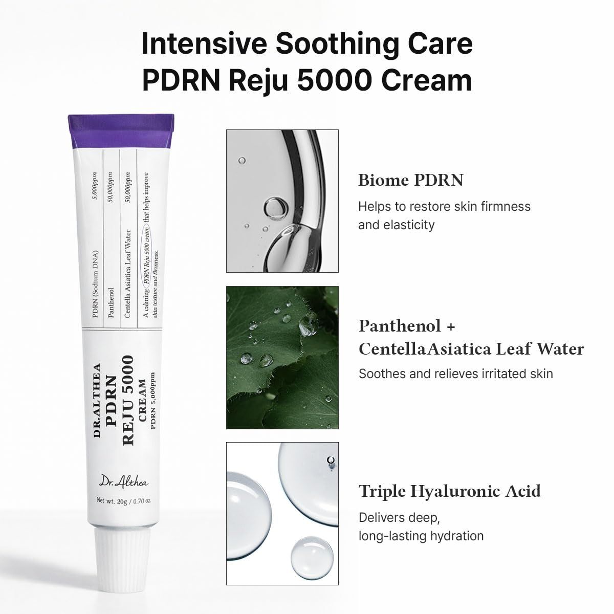 Tube de crème violette. Inscription: Dr. Althea PDRN Reju 5000 Creme. Graphiques: gouttes d'eau, feuilles.
