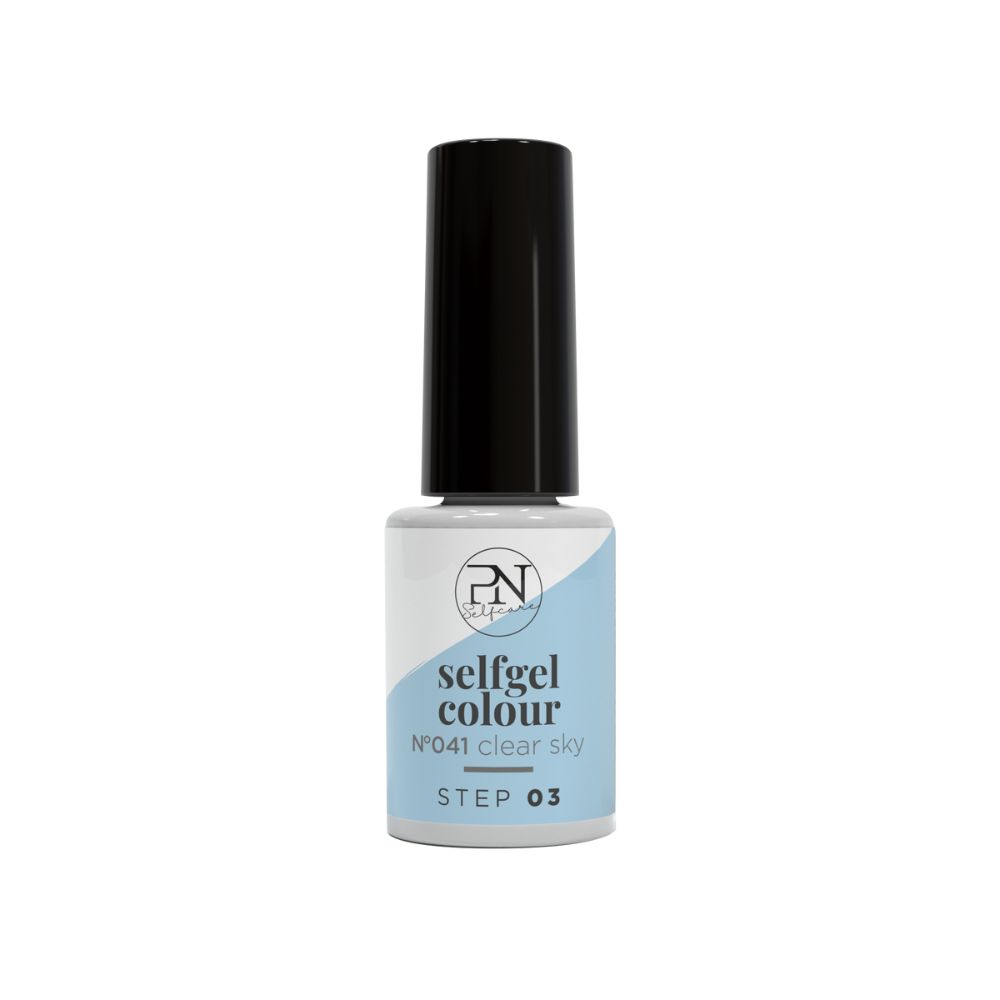 Flacon PN Selfgel Vernis Semi-Permanent, N41 Clear Sky. Bouchon noir, teinte bleu clair. Inscription: selfgel colour, STEP 03.