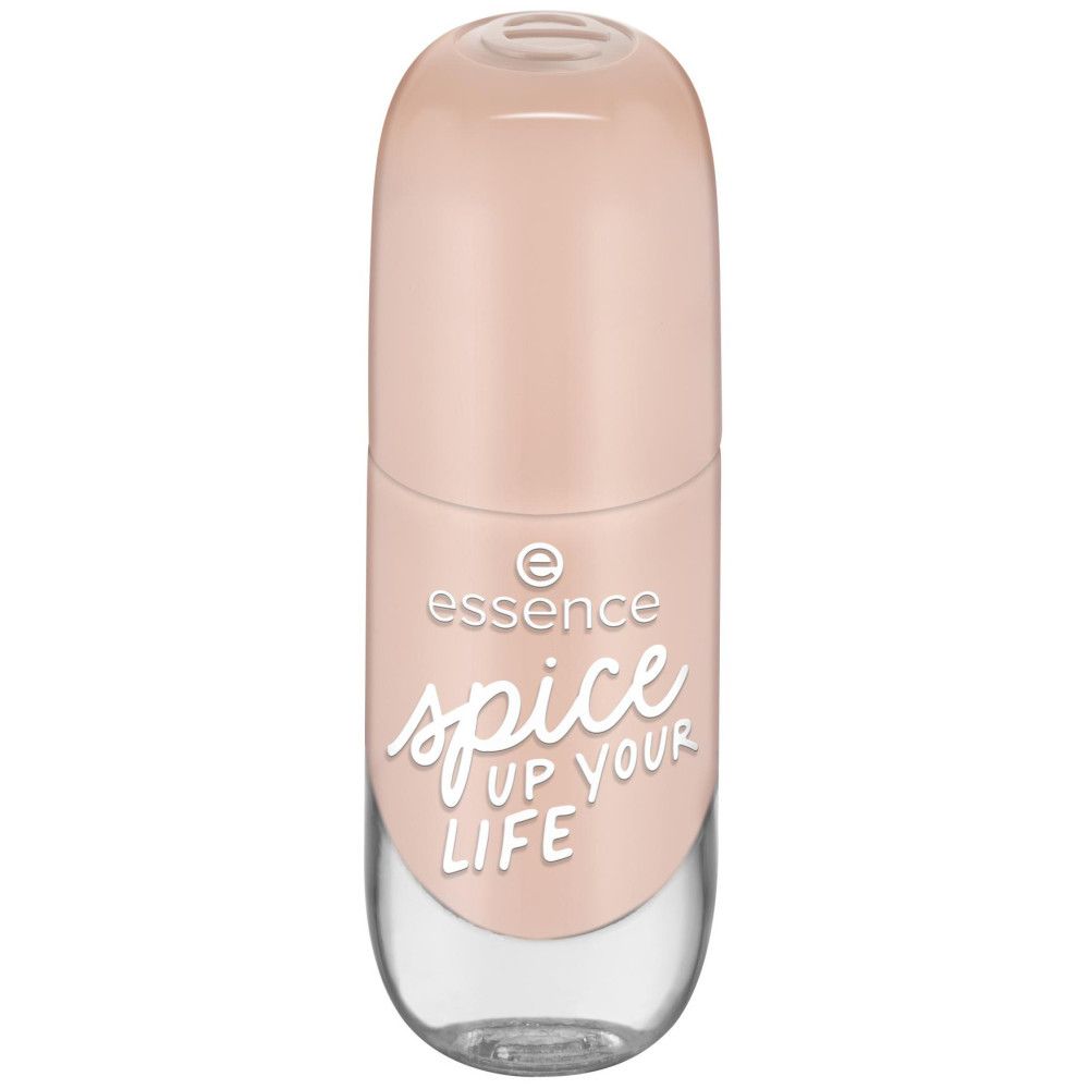 Flacon de vernis à ongles avec bouchon fermé. Vernis rose clair. Inscription : spice up your life. Marque : essence.