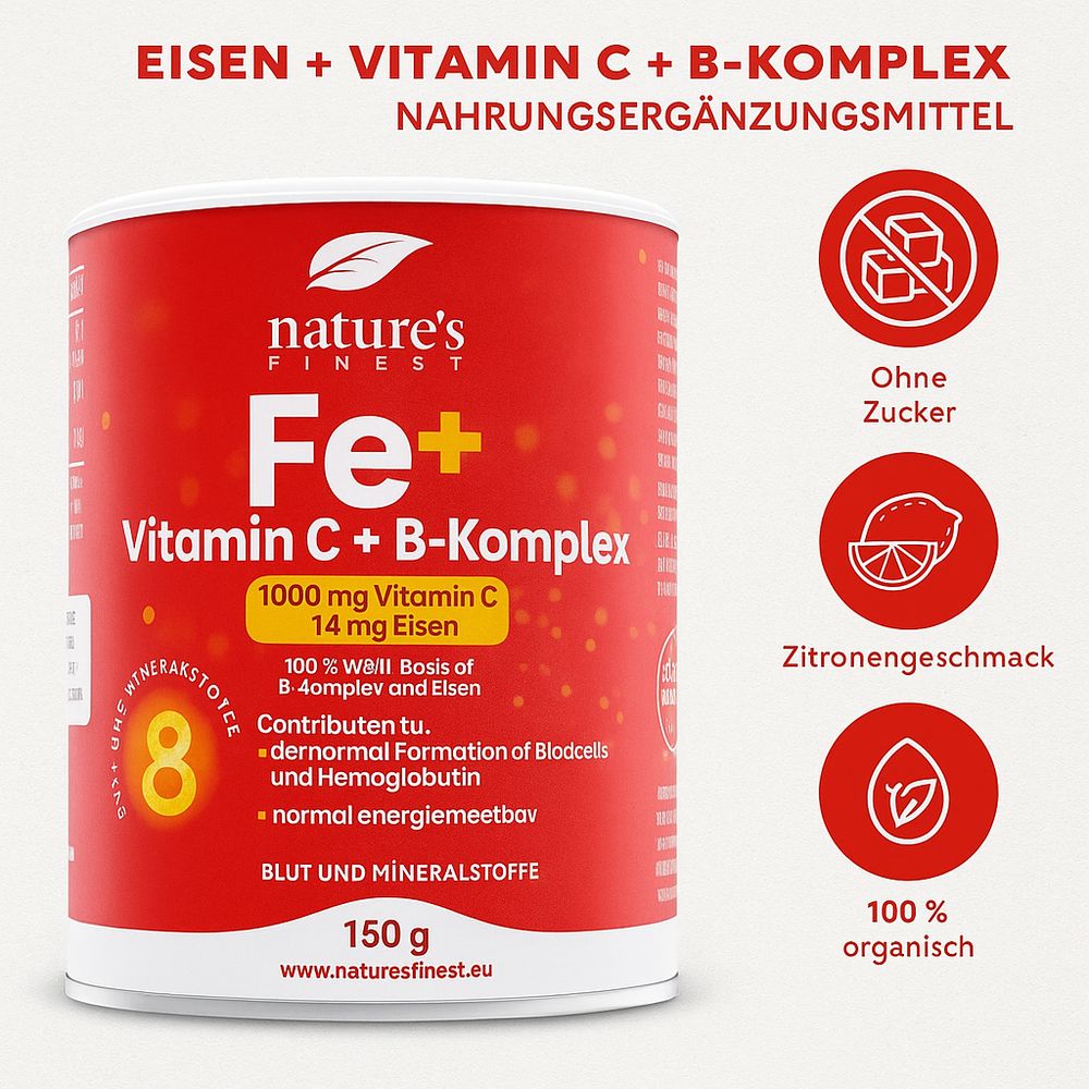 Boîte rouge "Nature's Finest Fe+ Vitamine C + B-Complexe". Contient 1000 mg vitamine C et 14 mg fer. Sans sucre, goût citron.