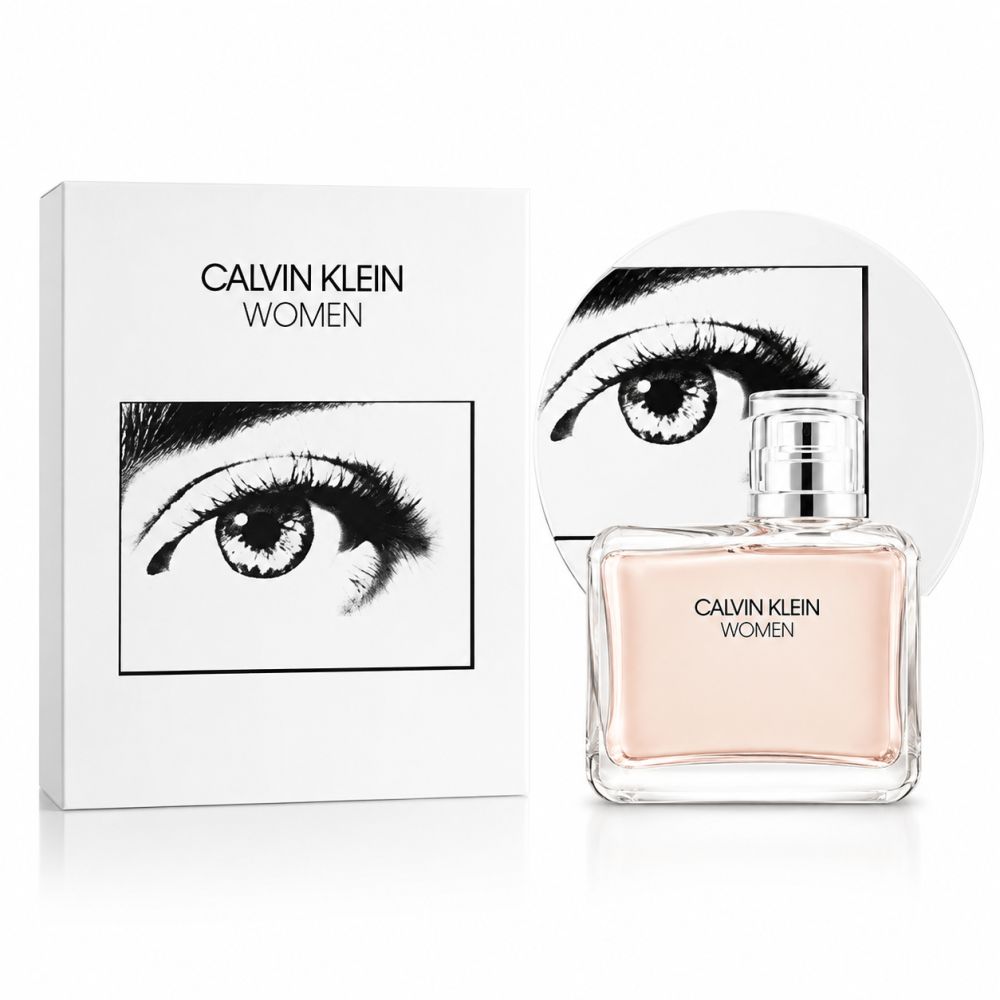 Fles Calvin Klein Women Eau de Parfum naast een witte verpakking met oogmotief.
