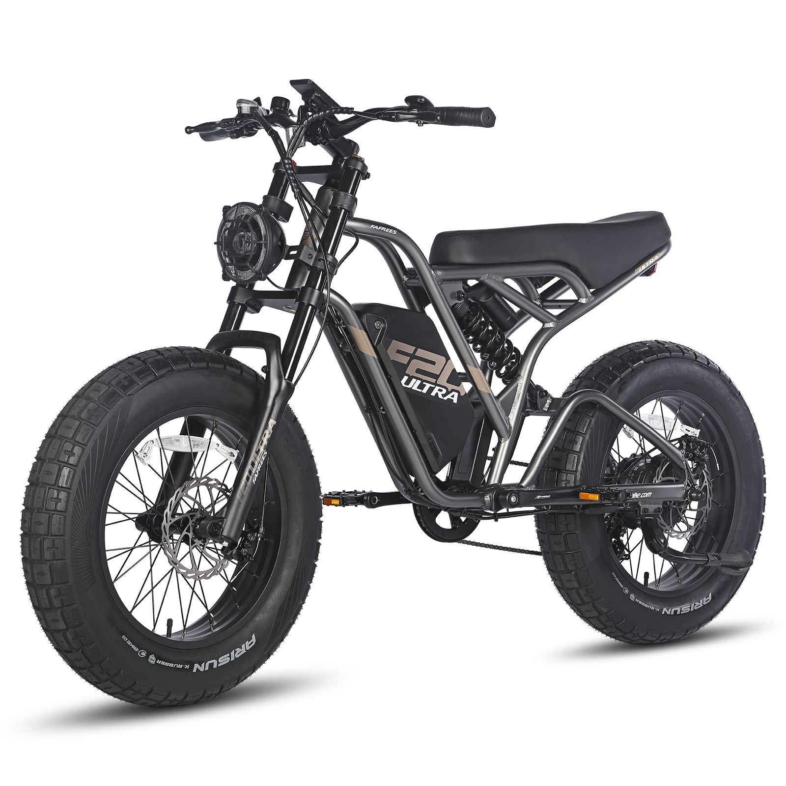 Grijze e-dirtbike met zwarte banden. Zichtbaar: zadel, motor, koplamp, F20 Ultra-logo.