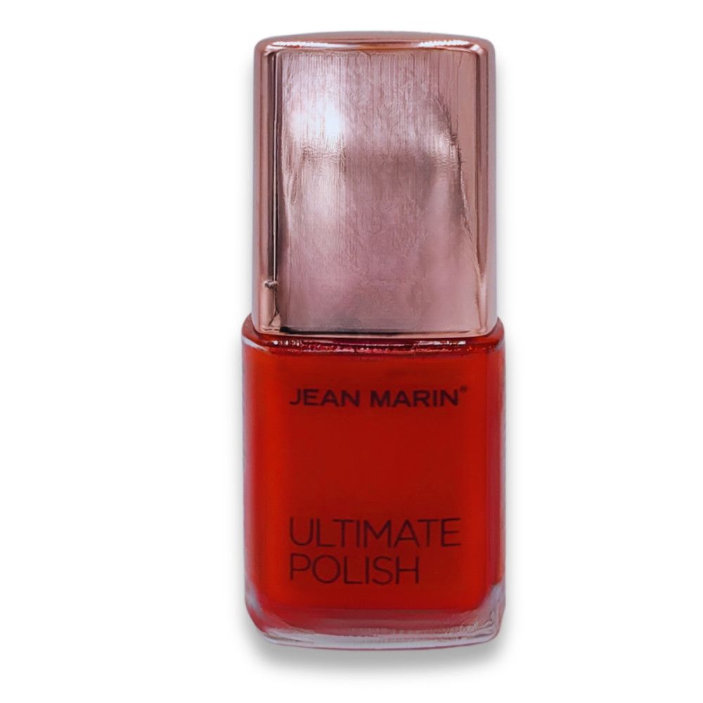 Flacon de vernis à ongles Jean Marin Ultimate Polish. Couleur rouge, forme carrée, bouchon doré.