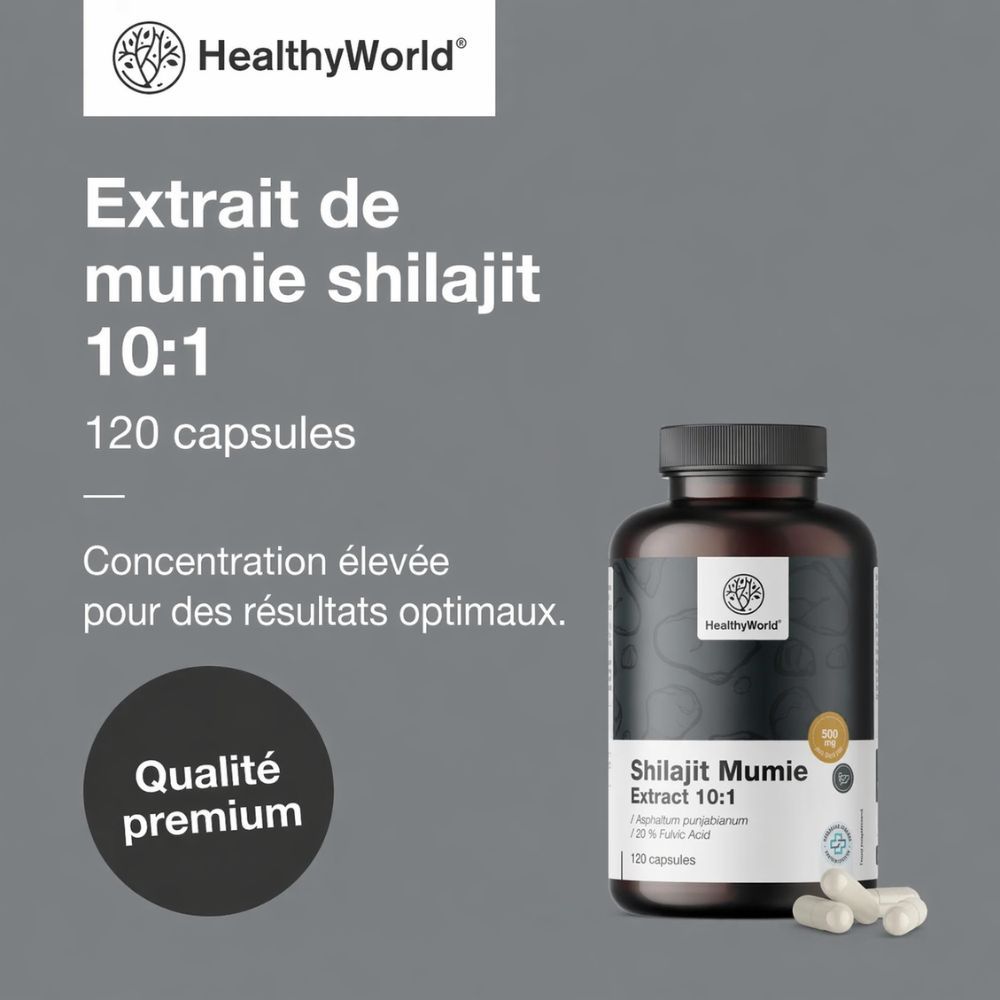 Flacon et gélules. Texte: Extrait de mumie shilajit 10:1, 120 capsules. Marque: HealthyWorld. Texte: Qualité premium.