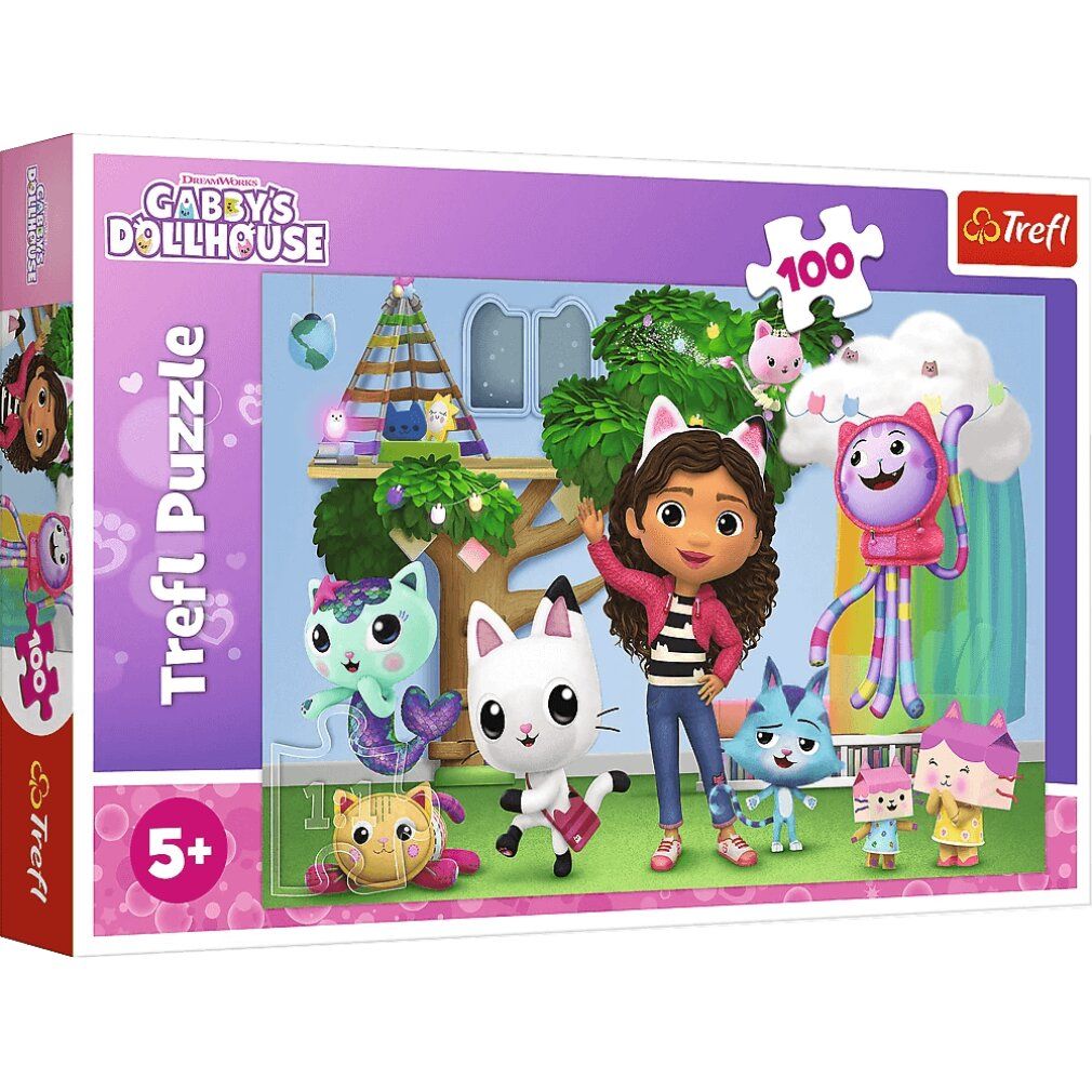 Puzzeldoos Gabby's Magic House. 100 stukjes, 5+. Merk Trefl. Afbeelding met Gabby en kattenfiguren.