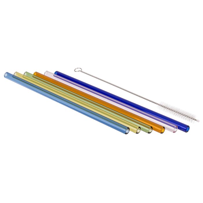 Zes gekleurde glazen rietjes en een schoonmaakborstel. Rietjes liggen schuin. Kleuren: blauw, geel, groen, roze, oranje.