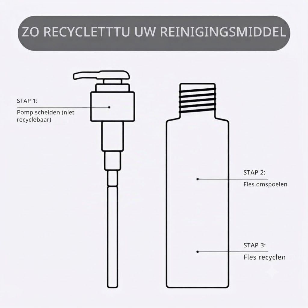 Illustratie toont een pomp en fles om de stappen voor het recyclen van reinigingsmiddelen uit te leggen.