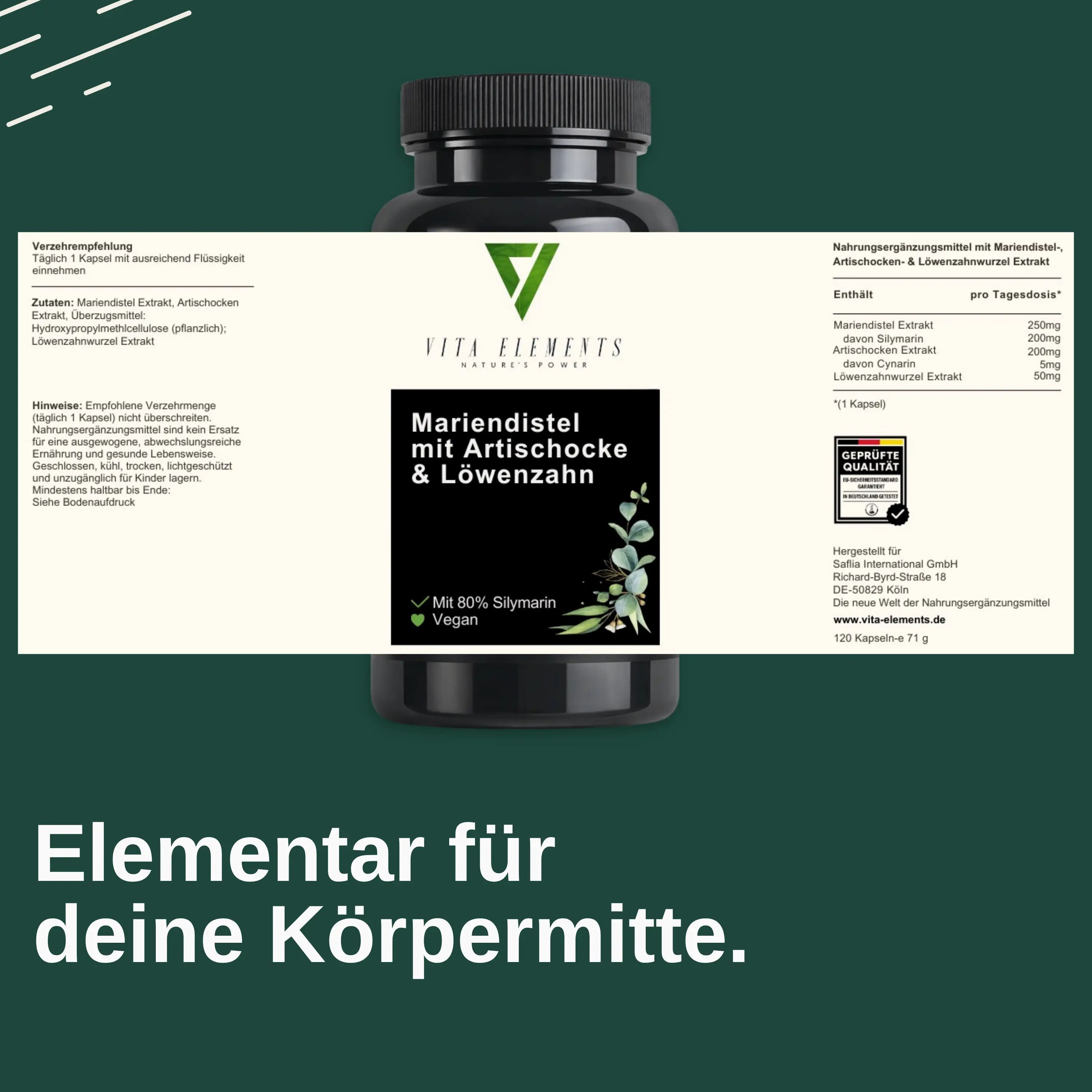Étiquette du pot Vita Elements Chardon-Marie avec ingrédients et sceaux. "Essentiel pour votre centre."